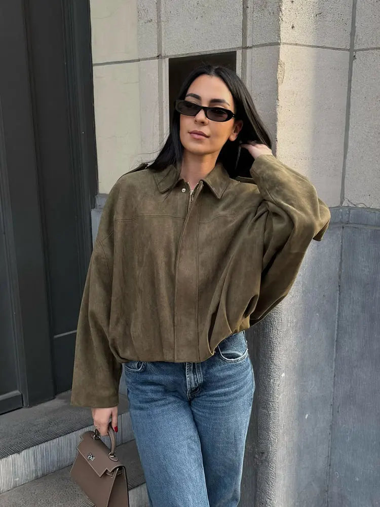 Chaqueta Suede Mujer Manga Murciélago | Abrigo Vintage Otoño