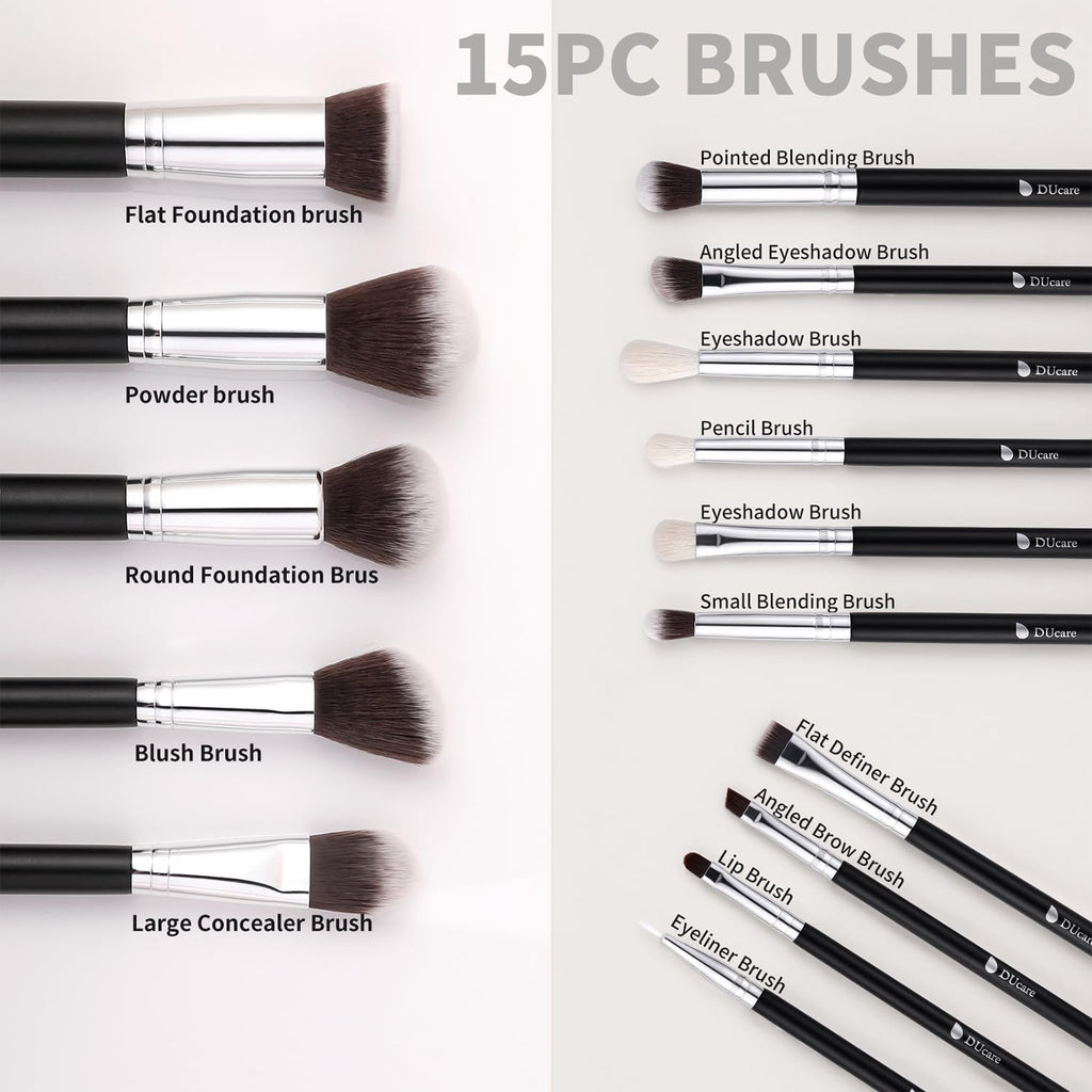 Ducare Set De Brochas De Maquillaje 15 Pcs Con Bolsa Profesional Brochas De Maquillaje Synthetic,Mango De Madera,Brocha Para Contorno De Ojos Y Rubor,Regalo Para San Valentín,Navidad Y Año Nuevo