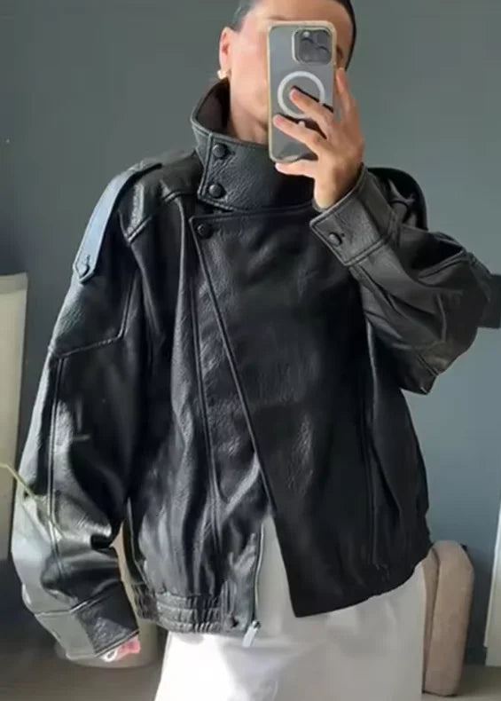 Chaqueta Moto Cuero Sintético Negro Mujer | Estilo Biker Fashion