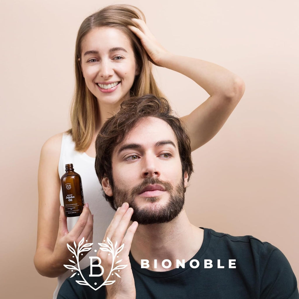 BIONOBLE Aceite De Jojoba 100 Puro Y Natural, Orgánico, Prensado En Frío - Equilibra El Sebo, anti Imperfecciones - Aceite Pelo, Piel, Uñas - Organic Jojoba Oil - Botella Vidrio, Bomba, Pipeta - 100Ml