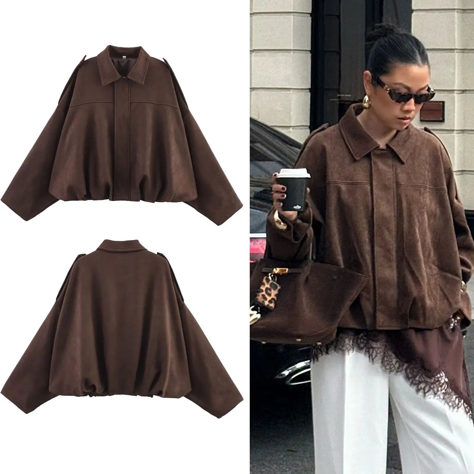 Chaqueta Suede Mujer Manga Murciélago | Abrigo Vintage Otoño