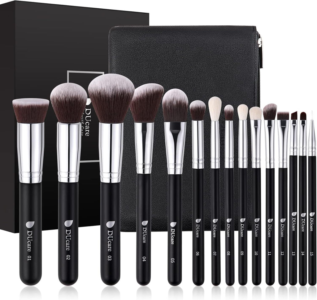 Ducare Set De Brochas De Maquillaje 15 Pcs Con Bolsa Profesional Brochas De Maquillaje Synthetic,Mango De Madera,Brocha Para Contorno De Ojos Y Rubor,Regalo Para San Valentín,Navidad Y Año Nuevo